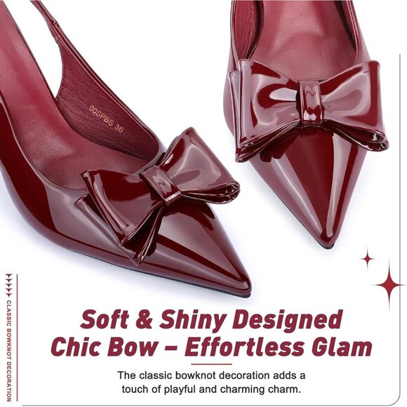 🆕Wine Faux Leather Pointed Toe Sling back Kitten Heel with Bow Knot Adjustable - Picture 3 of 8